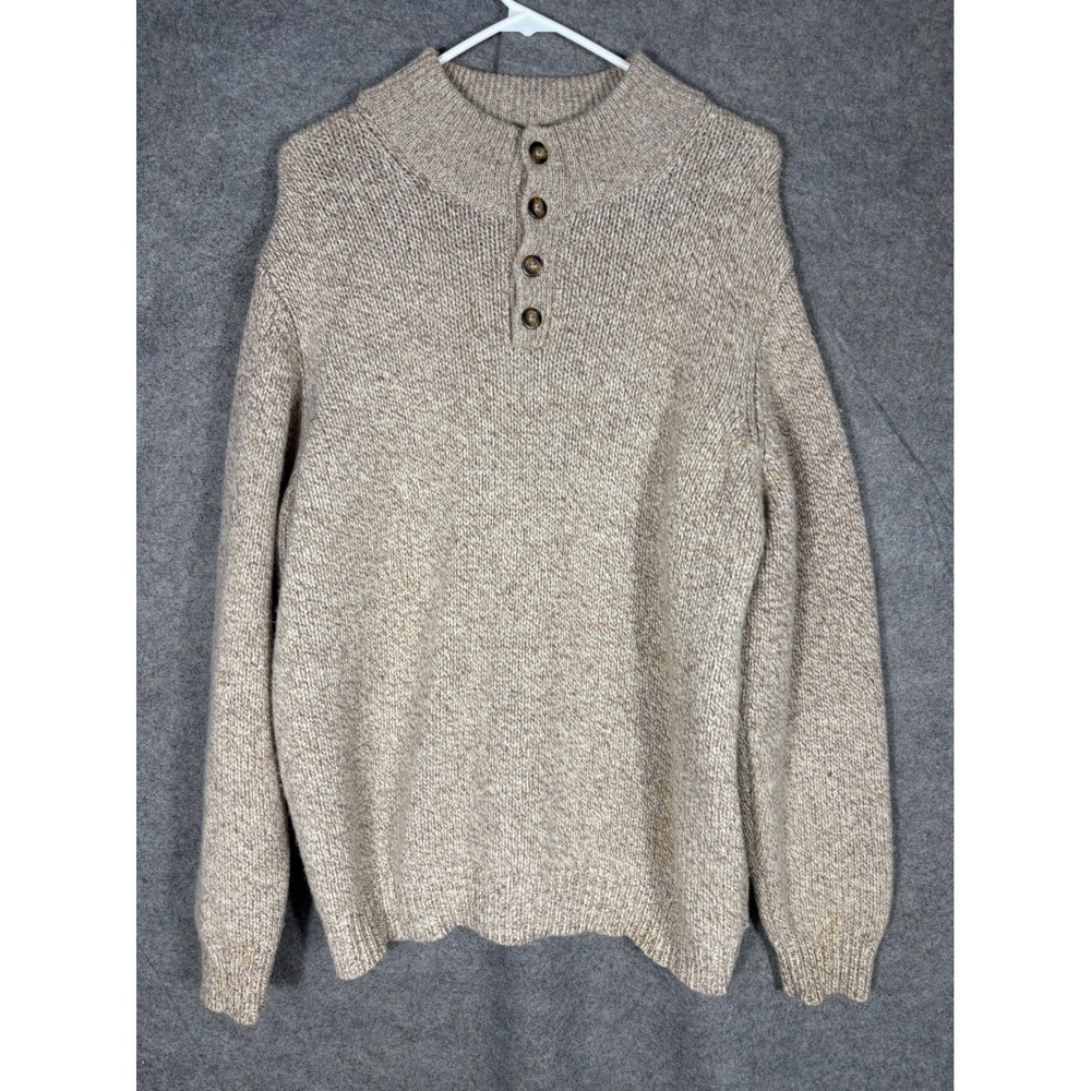 LL Bean Mens Lambswool Henley Sweater‎ Large Oatmeal Heather Button Mock Neck